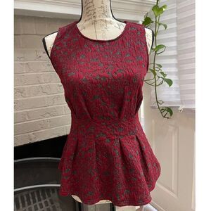 Eva Franco Metallic Peplum Sleeveless Floral Burgundy Top